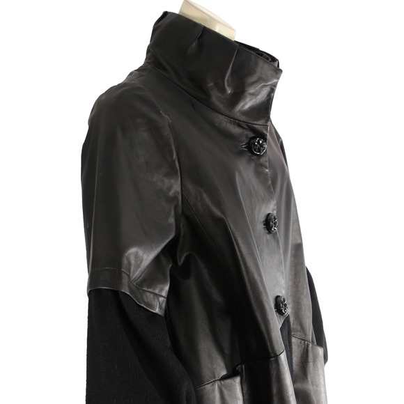 Black Leather Wool Contrasted Button Down Puff Midi Coat Size M - Picture 4 of 7